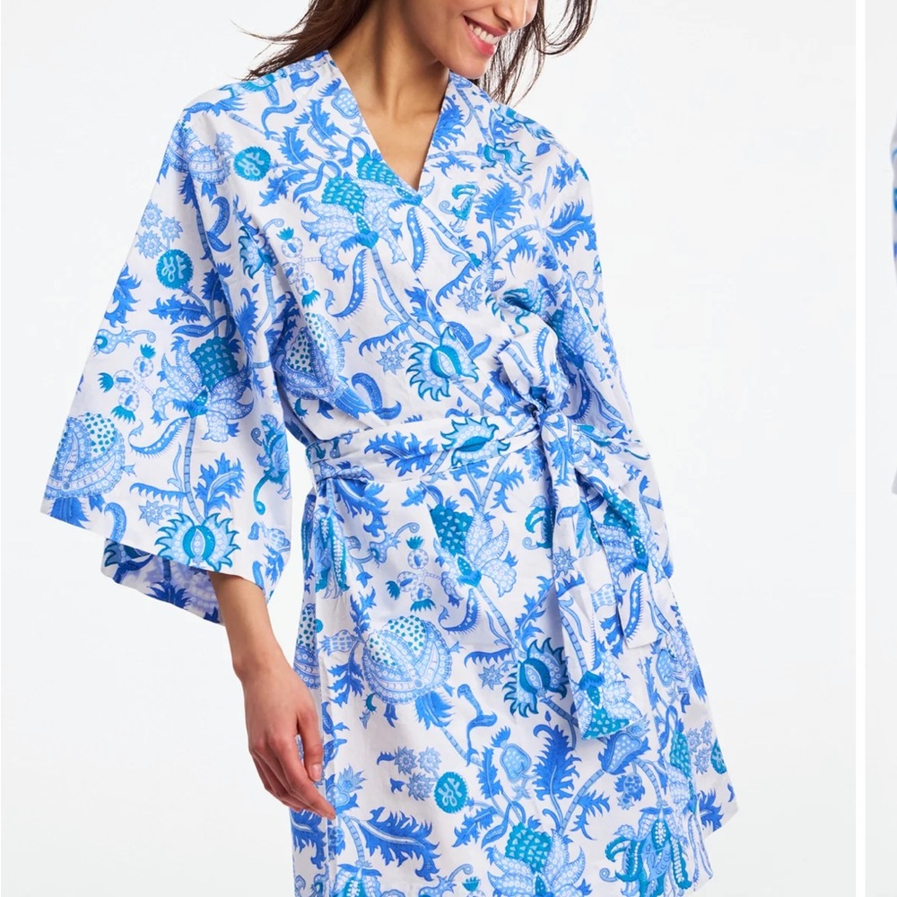 Roller Rabbit Cotton Blue Floral Kimono Robe